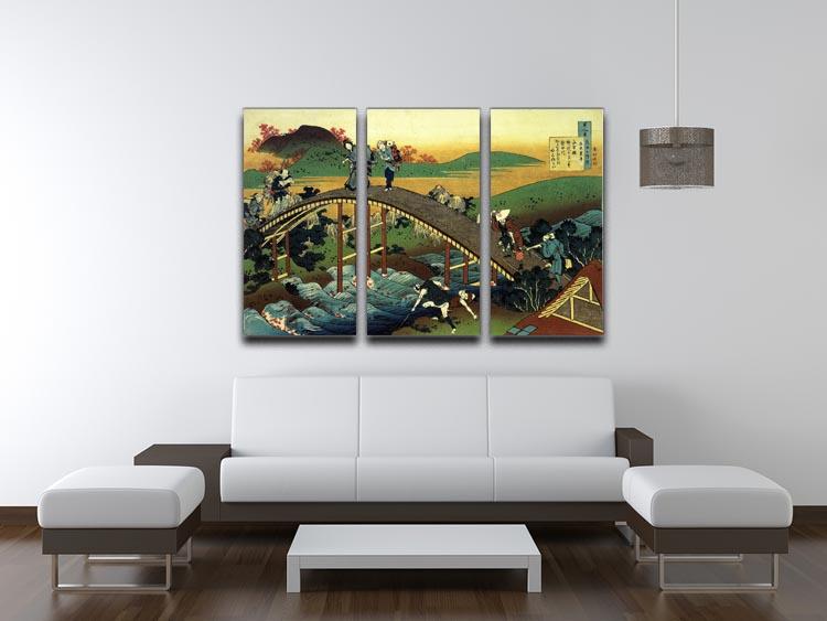 A stunning 3-panel canvas art featuring Hokusai's Travellers on the bridge near the waterfall of Ono, showcasing vibrant colors and intricate details.
